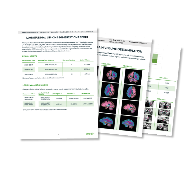 Ein Beispiel-pdf-Report für die longitudinale Lesions-Erkennung für Kohortenanalysen in klinischen Studien